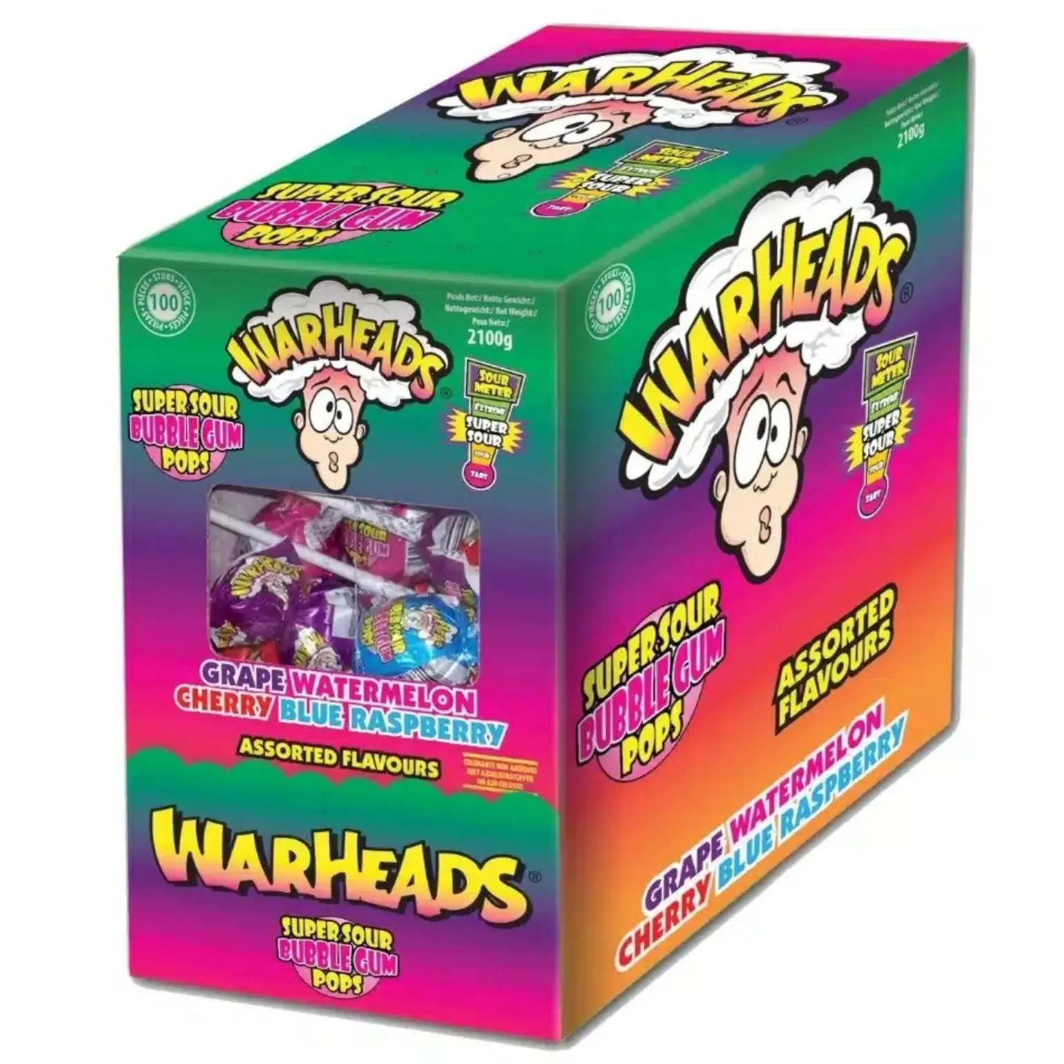 Warheads Super Sour Bubblegum Pops (100 stuks)